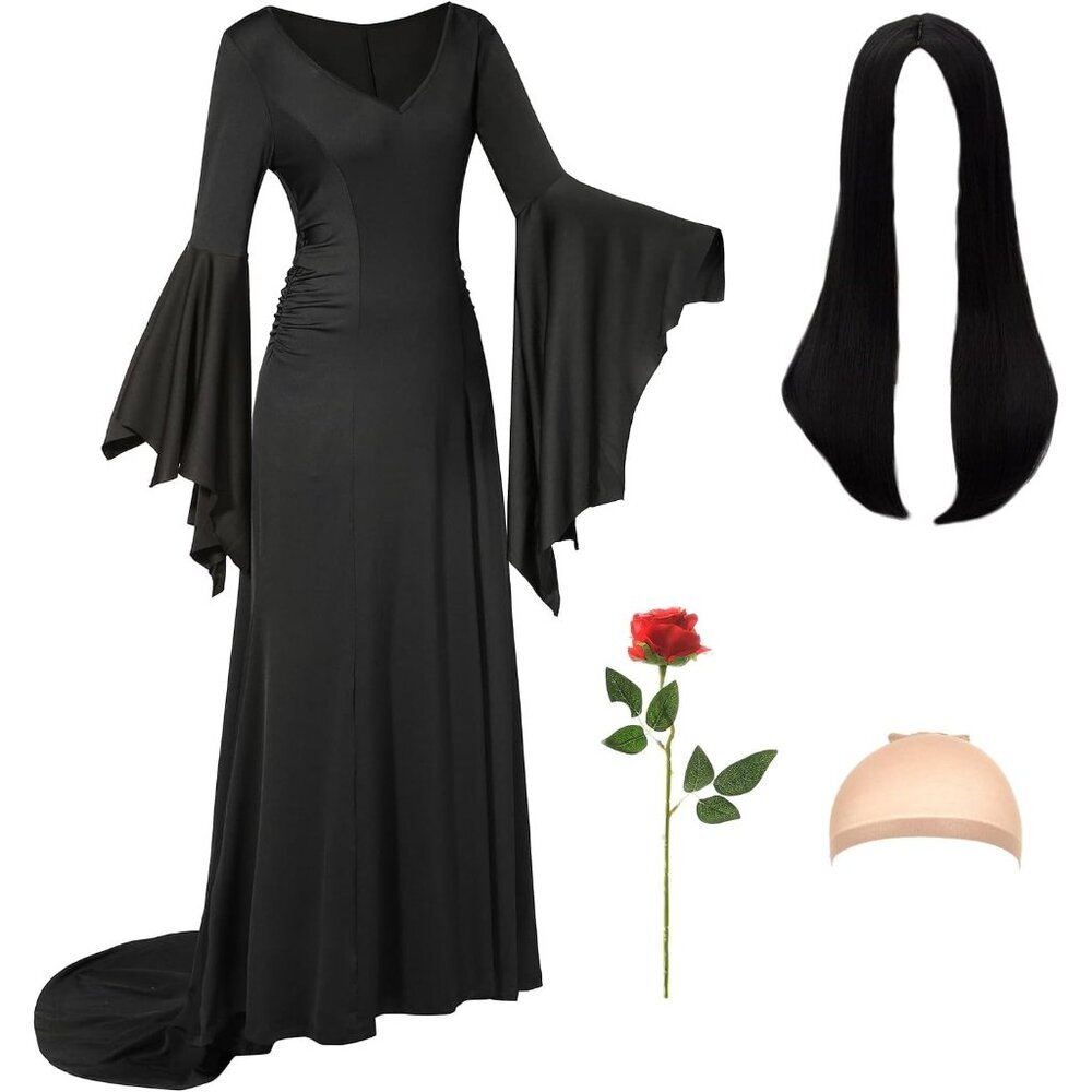 Black Gothic Dress For Women Halloween Costume With Wig & Accessories